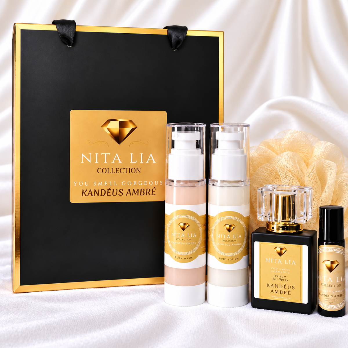 KANDEUS AMBRE Signature Gift Set Includes: Spray • Rollerball • Lotion • Wash • Pouf