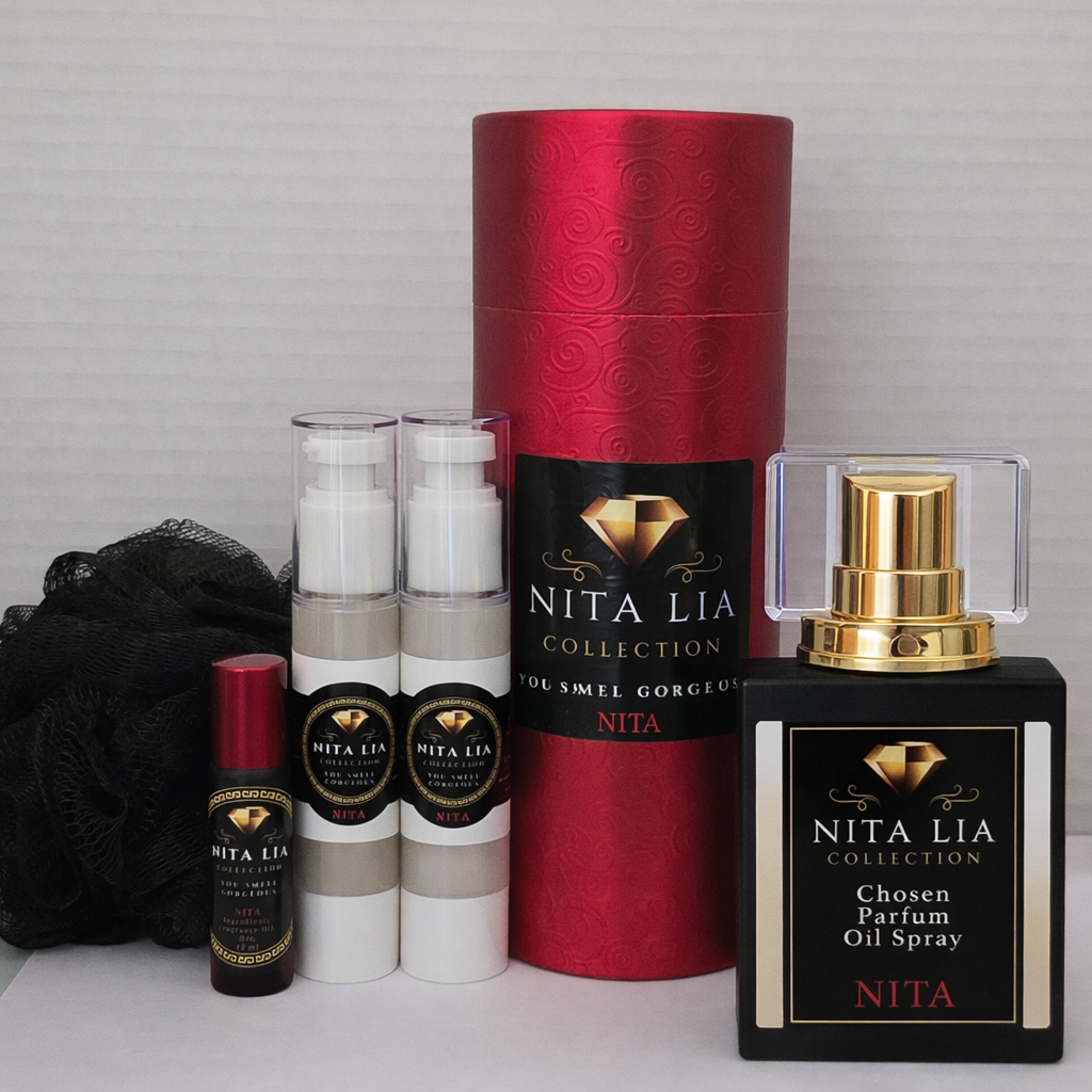 NITA Signature Gift Set Includes: Spray • Rollerball • Lotion • Wash • Pouf